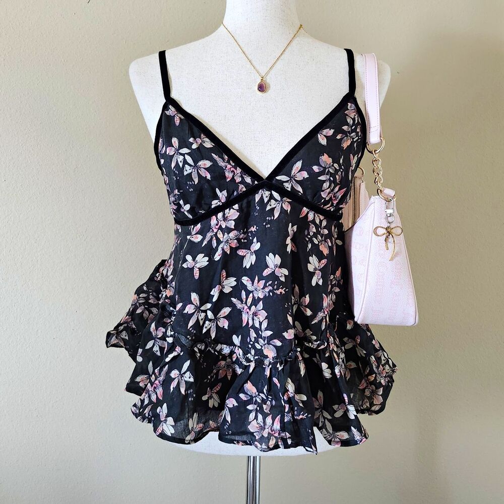 By Together Black Floral Print Ruffle Babydoll Cami Size M